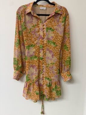 Dress Forum Floral Button-Front Ruffle Dress - Mustard, Lavender, Green Size L